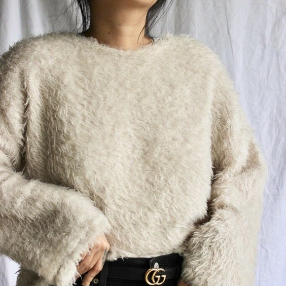ZARA Beige Polyester Fuzzy Faux Fur Oversized Sweater